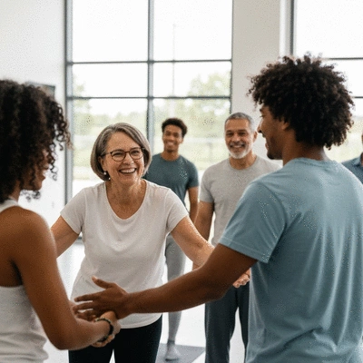 Diverse group of people in a wellness community activity, smiling and interacting