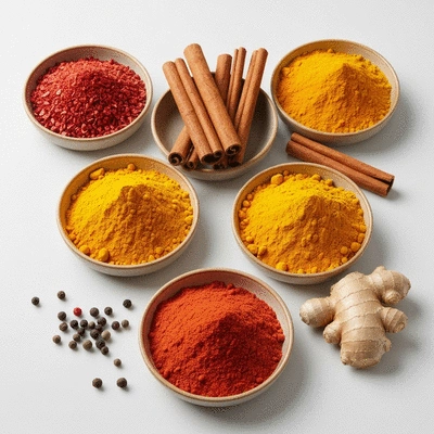 Assortment of vibrant spices in bowls including cayenne, ginger, turmeric, and cinnamon