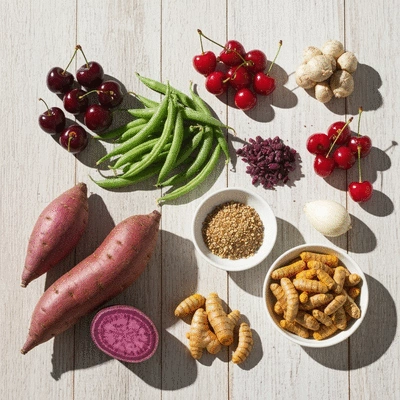 Colorful arrangement of anti-inflammatory foods like berries, nuts, and greens