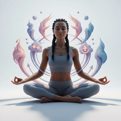 Person meditating peacefully amidst swirling abstract representations of life changes