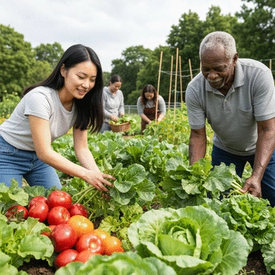 Community garden with diverse people harvesting fresh vegetables, symbolizing public health and food security