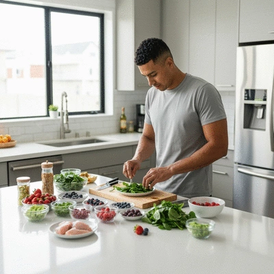 Athlete preparing healthy meal in a modern kitchen