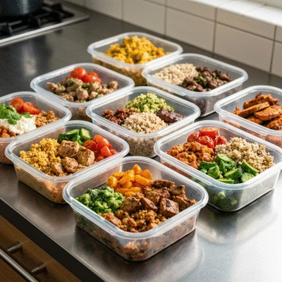Multiple meal prep containers filled with colorful, balanced meals, ready for the week, no text, no words, no typography, clean image, 400x300