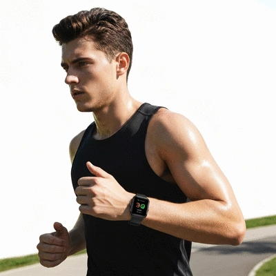 Person wearing a smartwatch while exercising, showing data on the screen