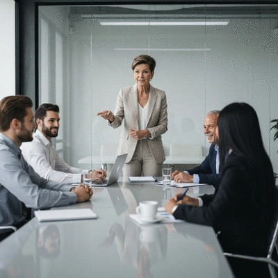 Confident professional in a meeting, showcasing boosted self-esteem due to fitness. No text, no words, no typography.