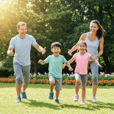 Family exercising together outdoors, smiling and active