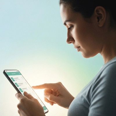 Person taking an interactive quiz on a tablet or smartphone to find the best fitness app, with various choice options displayed on screen, bright and clean background, no text, no words, no typography, no labels, clean image