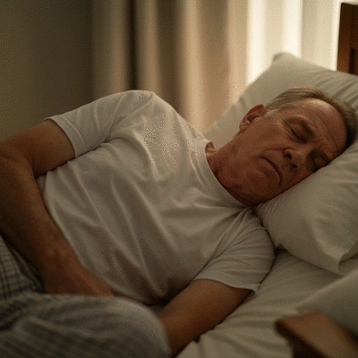 Person sleeping peacefully in a bed with soft lighting, representing good sleep quality