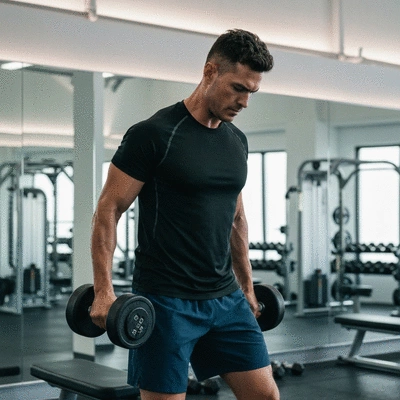 Person performing a strength training exercise with dumbbells, focusing on muscle building and bone health