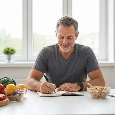 Person writing in a food journal with healthy food in the background