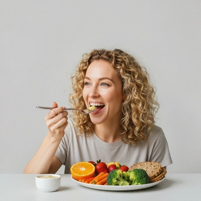 Person enjoying a balanced meal with fruits, vegetables, and whole grains, symbolizing mental well-being