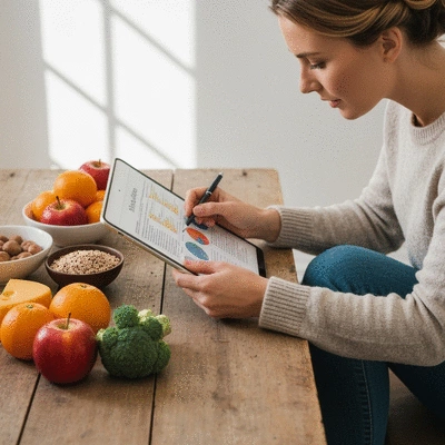 Person reviewing a personalized nutrition plan with healthy food choices on a table