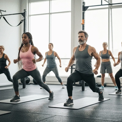 Diverse group of people of varying ages and fitness levels exercising together in a functional fitness class