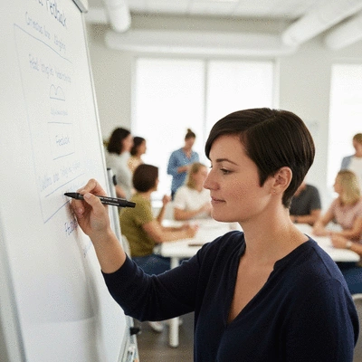 Person writing feedback on a whiteboard during a wellness workshop