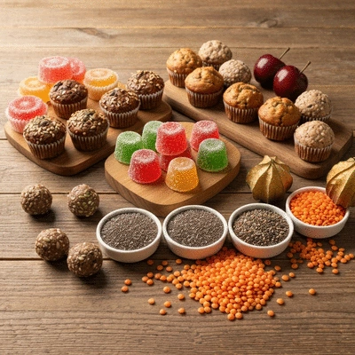 Healthy sweets and functional foods displayed attractively on a wooden table, clean image