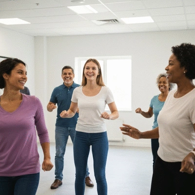 Diverse group of employees participating in a workplace wellness program, doing light exercises together in an office setting