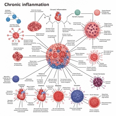 Scientific illustration of chronic inflammation's effect on body systems