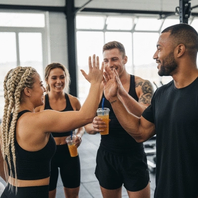 Diverse group of friends celebrating after a workout, showing social support and community in fitness, clean image, no text, no words, no typography, 8K