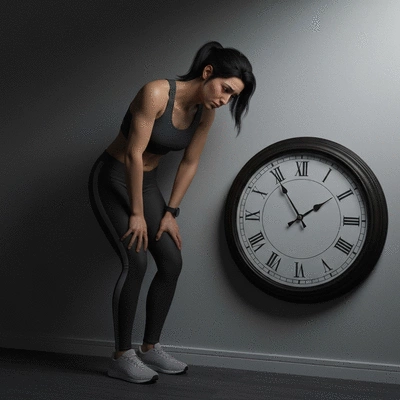 Person looking tired, next to a clock, illustrating common exercise excuses and their impact on fitness goals