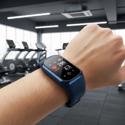 Fitness tracker displaying workout data on a wrist