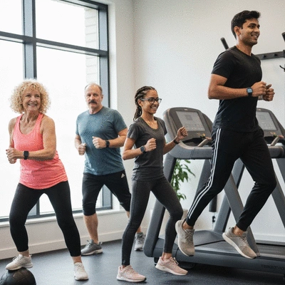 Diverse group of people exercising using different wearable devices, showing inclusivity in fitness tech