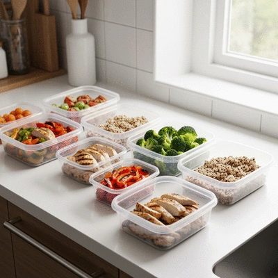 Organized meal prep containers with various healthy foods
