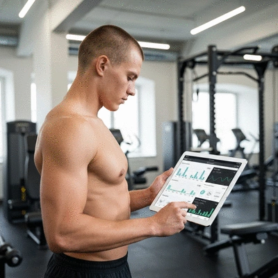 Fitness enthusiast tracking progress on a tablet, showing workout data