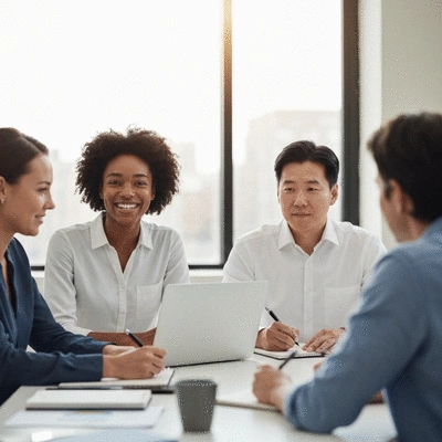 Diverse group of people in an accountability meeting, actively listening and taking notes