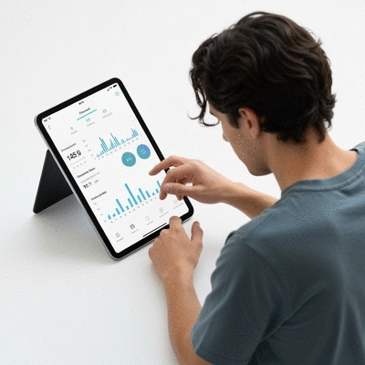 Person tracking fitness progress on a tablet or smartphone