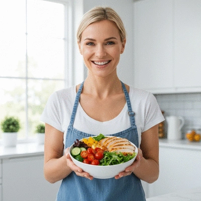 Woman holding a bowl of healthy food