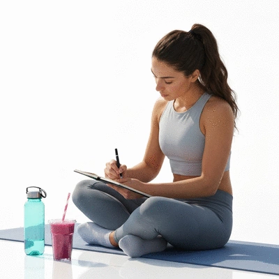Person planning fitness goals with a notebook and healthy snacks