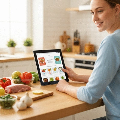 Overhead shot of a person using a meal planning app on a tablet with healthy ingredients laid out on a kitchen counter, clean image