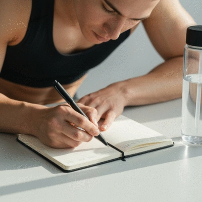 A person tracking workout progress in a journal with a pen and water bottle nearby, symbolizing consistency and reflection, no text, no words, no typography, 8K, clean image