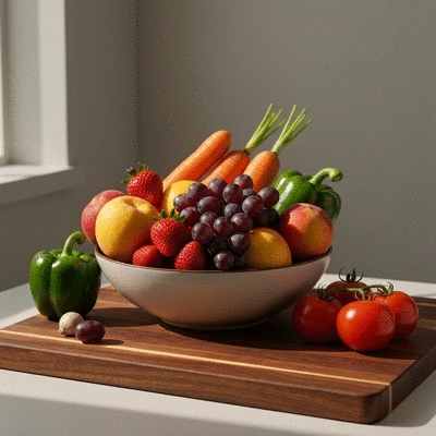 Colorful fruits and vegetables on a cutting board