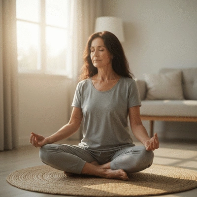 Person meditating in a calm environment, representing stress management
