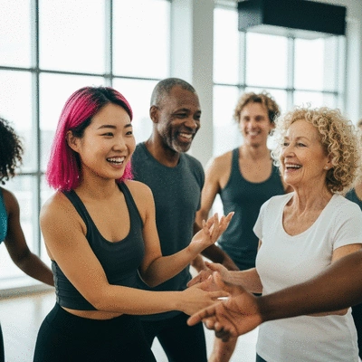 Diverse group of people smiling and interacting in a fitness class, symbolizing community and shared goals, no text, no words, no typography, 8K
