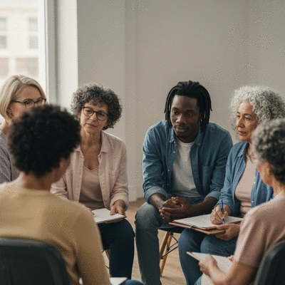 Diverse group of people in a support group setting, sharing experiences, clean image