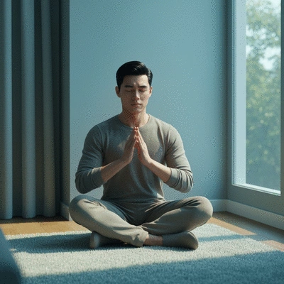 Person practicing mindful breathing in a serene environment, showing reduced anxiety
