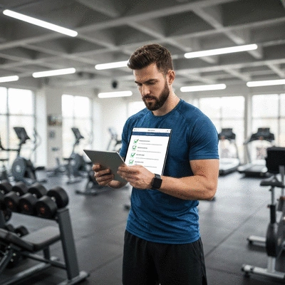 Person reviewing a gym selection checklist on a tablet