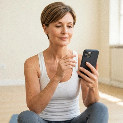 Person looking thoughtfully at a fitness tracking app on a smartphone, representing the science behind motivation, clean image, no text, no words, no typography, 8K