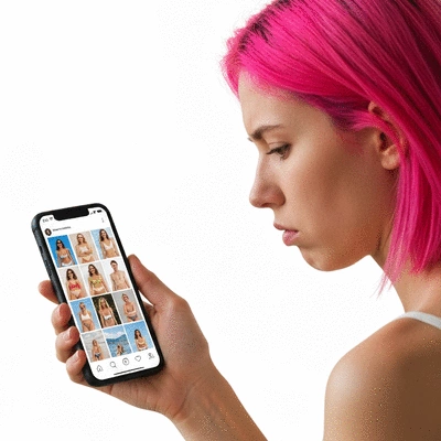 Person scrolling through social media feed, looking unhappy, with idealized images on screen, clean background, no text, no words, no typography