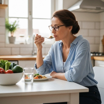 Person mindfully eating a healthy meal, focusing on sensory experience