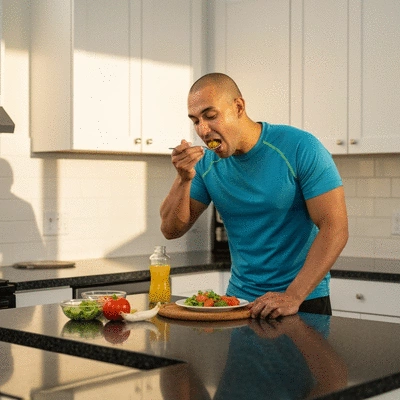 Professional athlete eating a balanced meal rich in protein after a workout, clean kitchen environment