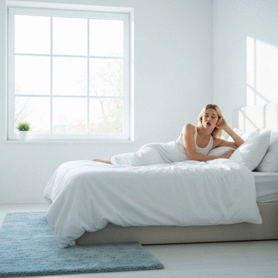 Person waking up refreshed in a bright, clean bedroom, symbolizing a healthy circadian rhythm
