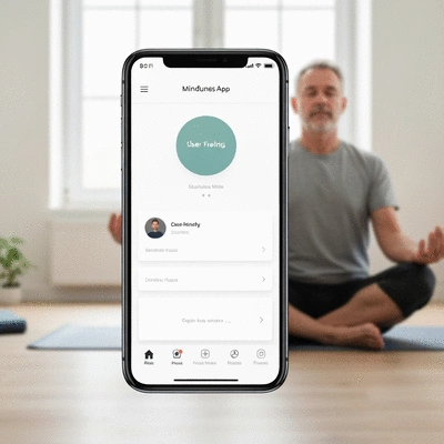 Smartphone displaying a mindfulness app with a person meditating on screen