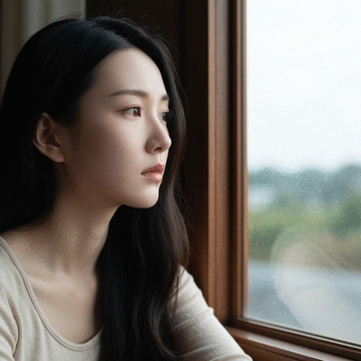Person looking out a window with a thoughtful expression, symbolizing introspection and emotional processing due to chronic illness, clean image
