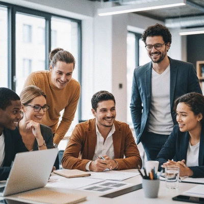Professional diverse group of employees collaborating on a project in a modern, light-filled office space, symbolizing corporate wellness and productivity