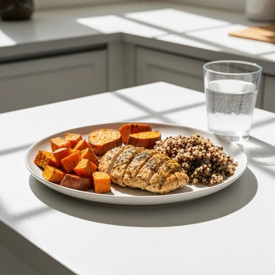 Healthy meal with protein and carbs, representing nutrient timing