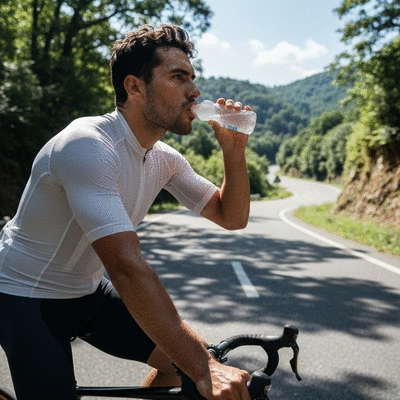 Athlete drinking an electrolyte drink during a strenuous outdoor activity