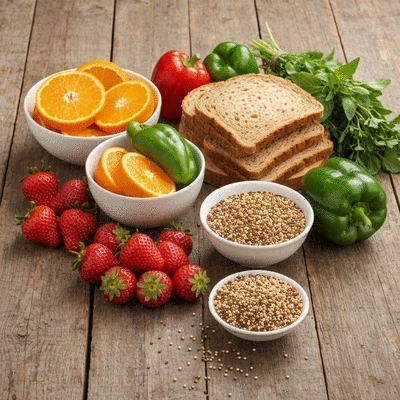Assortment of fresh, healthy foods like fruits, vegetables, and whole grains
